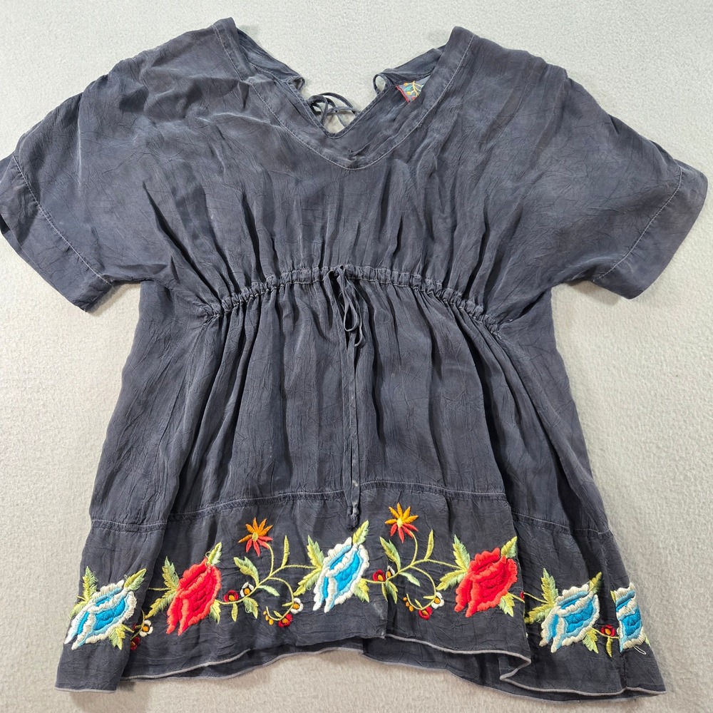 Johnny Was Blouse Women XS Charcoal Grey Embroidered Floral Drawstring Silk-Feel